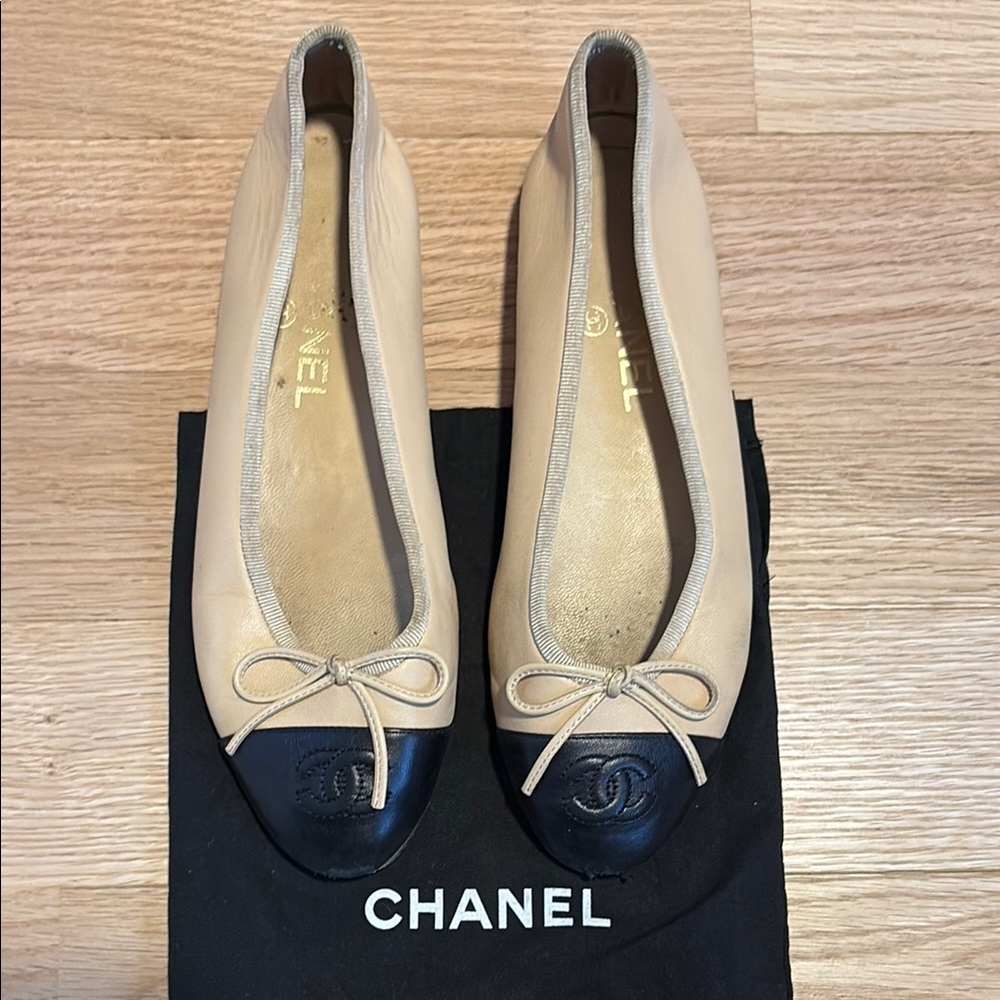 Chanel Beige and Black Ballet Flats